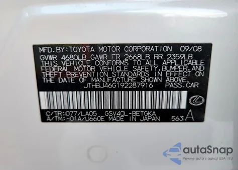 2009 Lexus Es 350 z USA, uszkodzony, nr VIN JTHBJ46G192287916